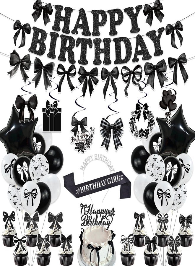 Bolake Black Bow Birthday Party Decorations Girl Bow Themed Party Decorations Include Happy Birthday Banner Hanging Swirls Balloons Cake Toppers for Girls Baby Shower Bridal Shower Bachelorette Party Decor - Image 1